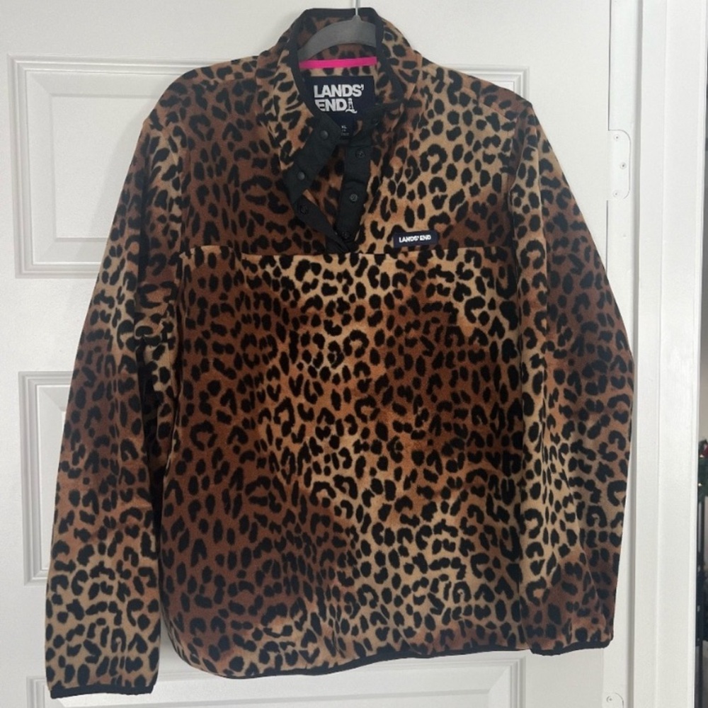 Lands' End Cheetah Leopard Pullover Fleece Jacket